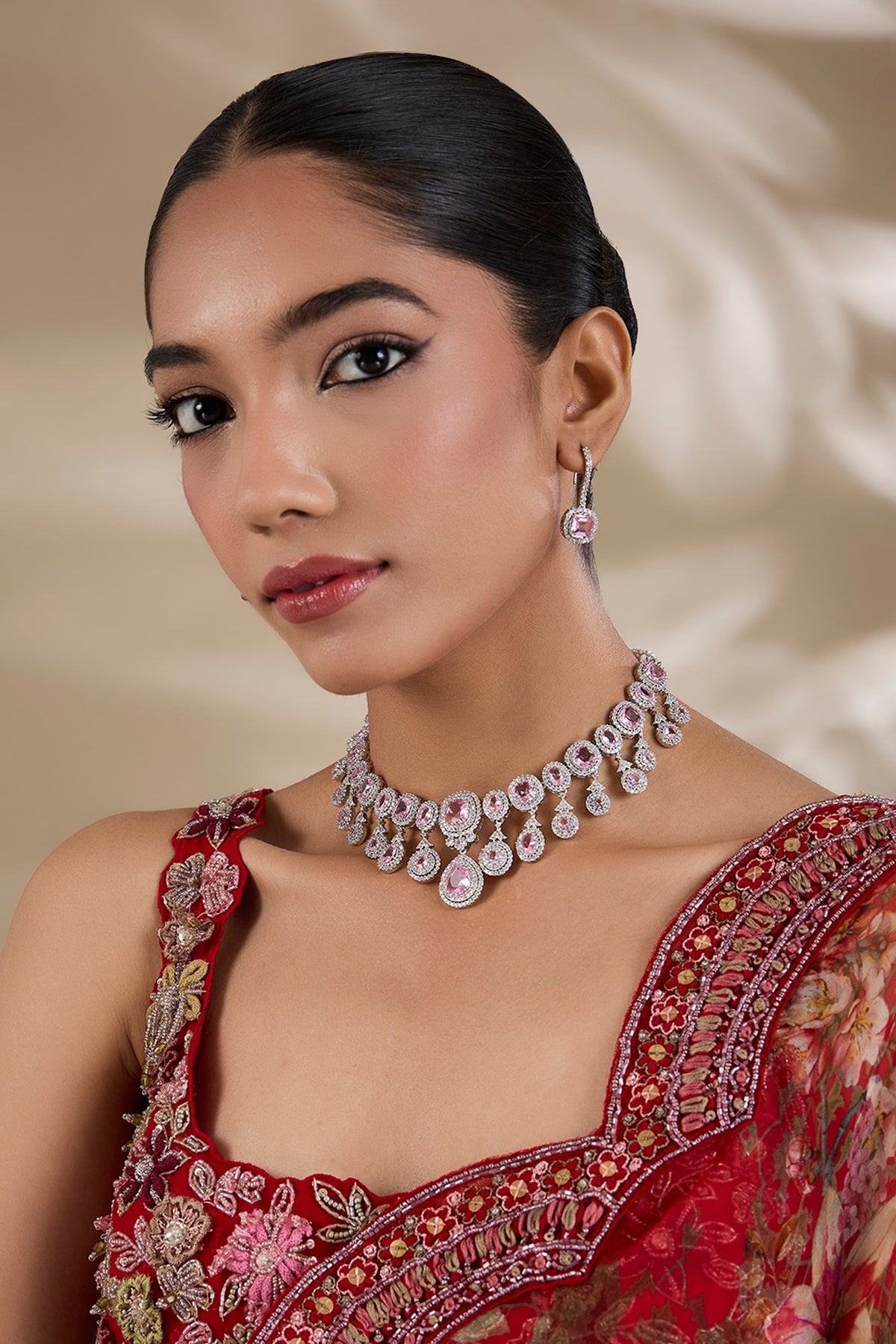 White Finish Zircon & Pink Stone Necklace Set