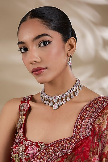 White Finish Zircon & Pink Stone Necklace Set