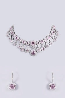 White Finish Zircon & Pink Stone Necklace Set
