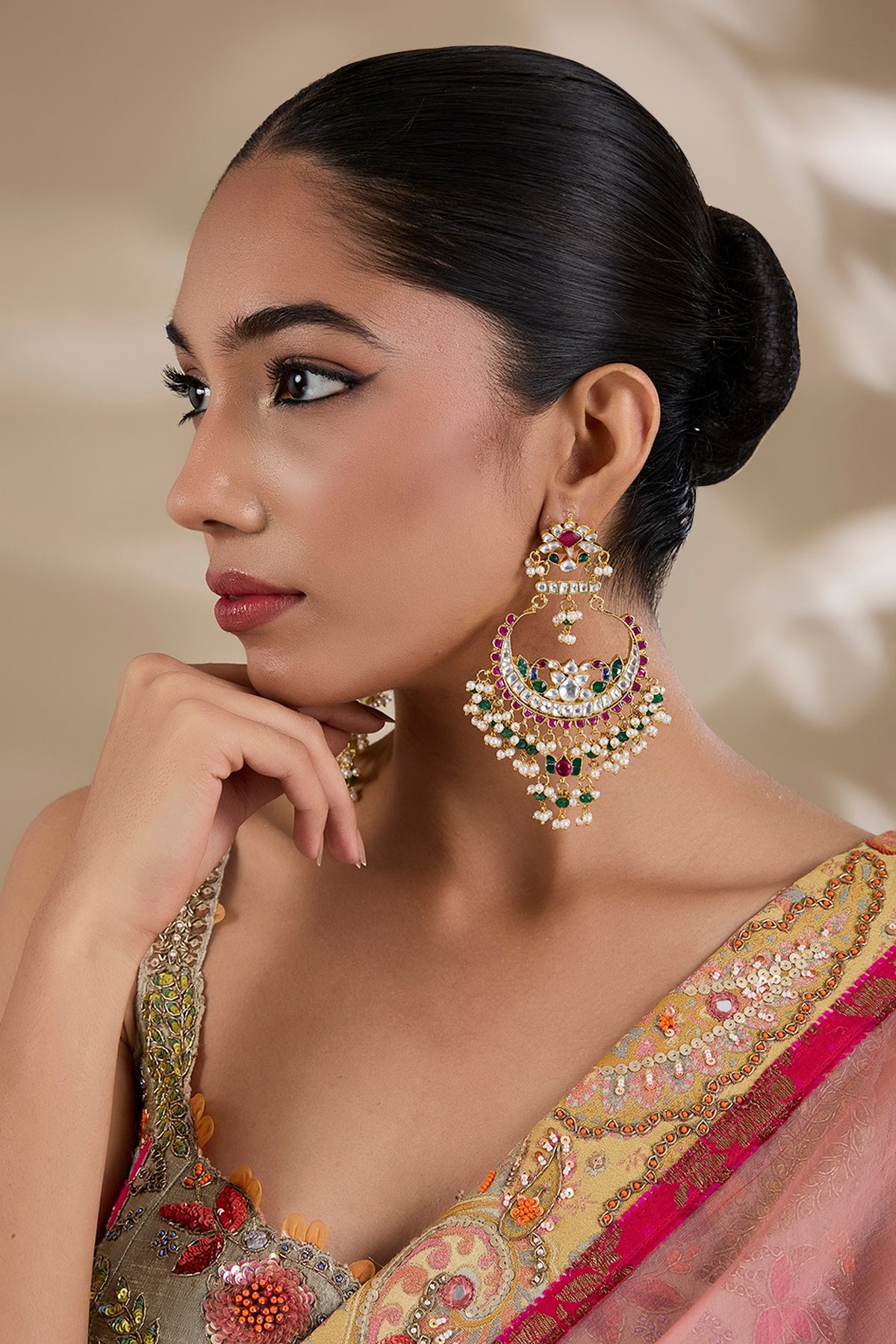 Gold Plated Kundan Polki & Semi-Precious Stone Jadau Chandbali Earrings