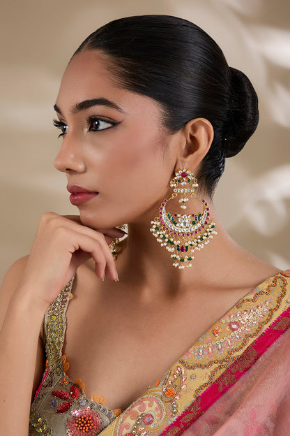 Gold Plated Kundan Polki & Semi-Precious Stone Jadau Chandbali Earrings