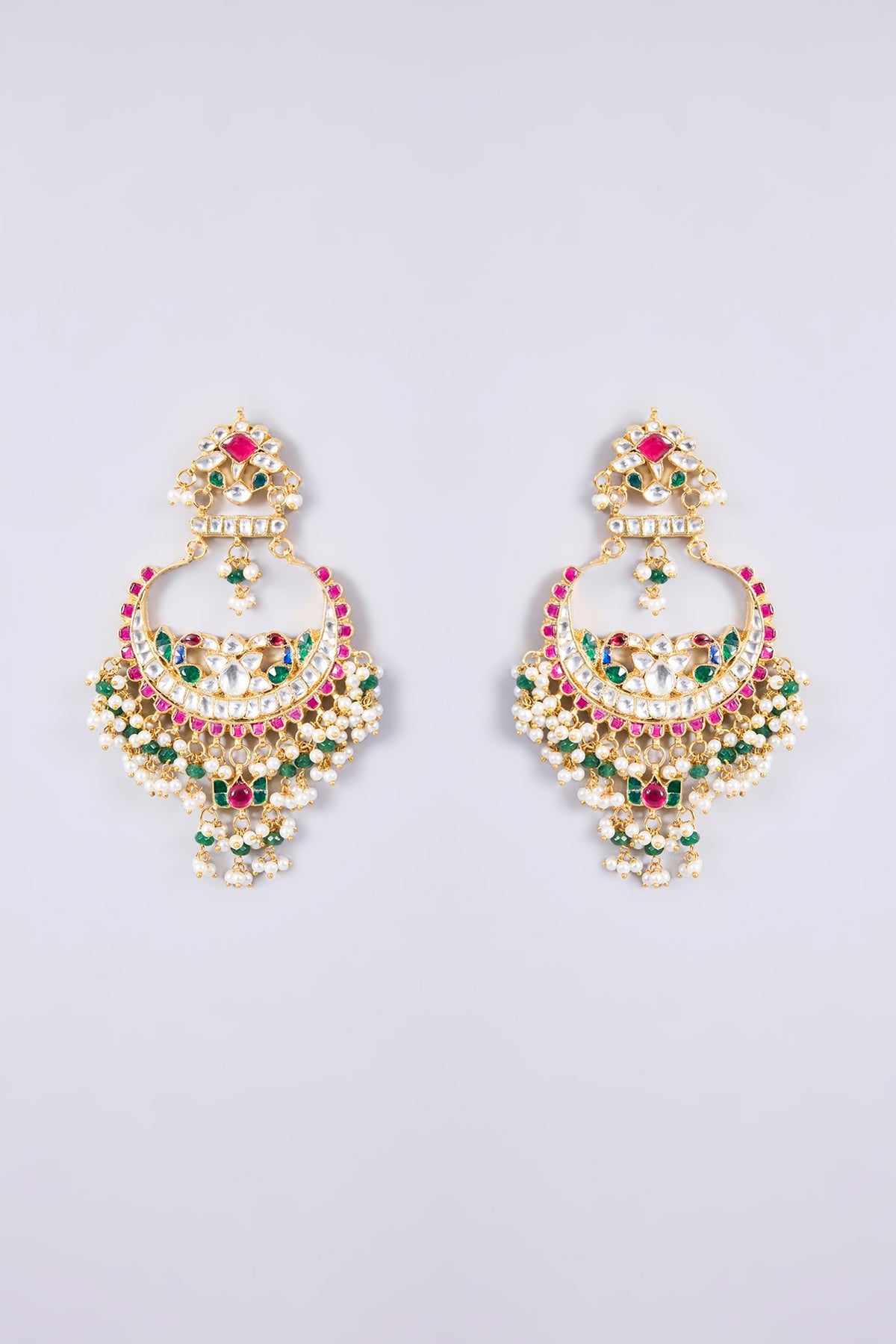 Gold Plated Kundan Polki & Semi-Precious Stone Jadau Chandbali Earrings