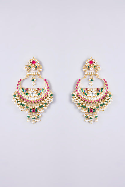 Gold Plated Kundan Polki & Semi-Precious Stone Jadau Chandbali Earrings