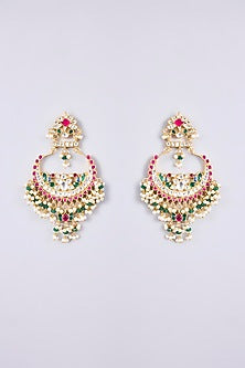Gold Plated Kundan Polki & Semi-Precious Stone Jadau Chandbali Earrings
