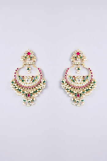 Gold Plated Kundan Polki & Semi-Precious Stone Jadau Chandbali Earrings