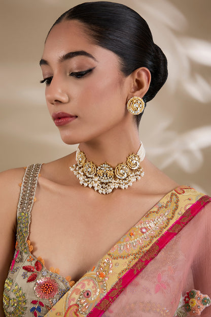 Gold Plated Mother Of Pearl & Semi-precious Stone Choker Necklace Set