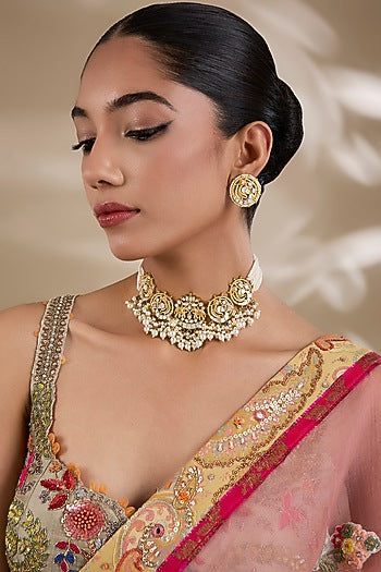Gold Plated Mother Of Pearl & Semi-precious Stone Choker Necklace Set