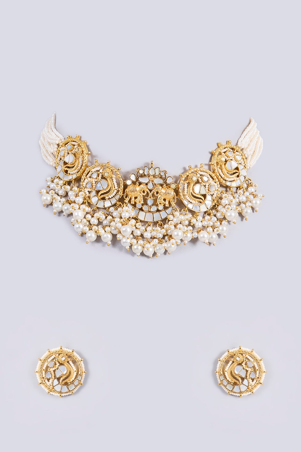 Gold Plated Mother Of Pearl & Semi-precious Stone Choker Necklace Set