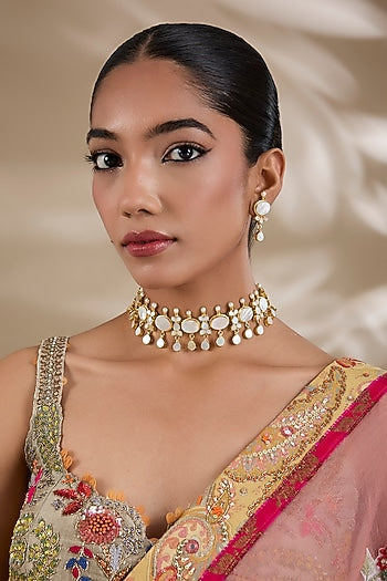 Gold Plated Mother Of Pearl & Semi-precious Stone Choker Necklace Set