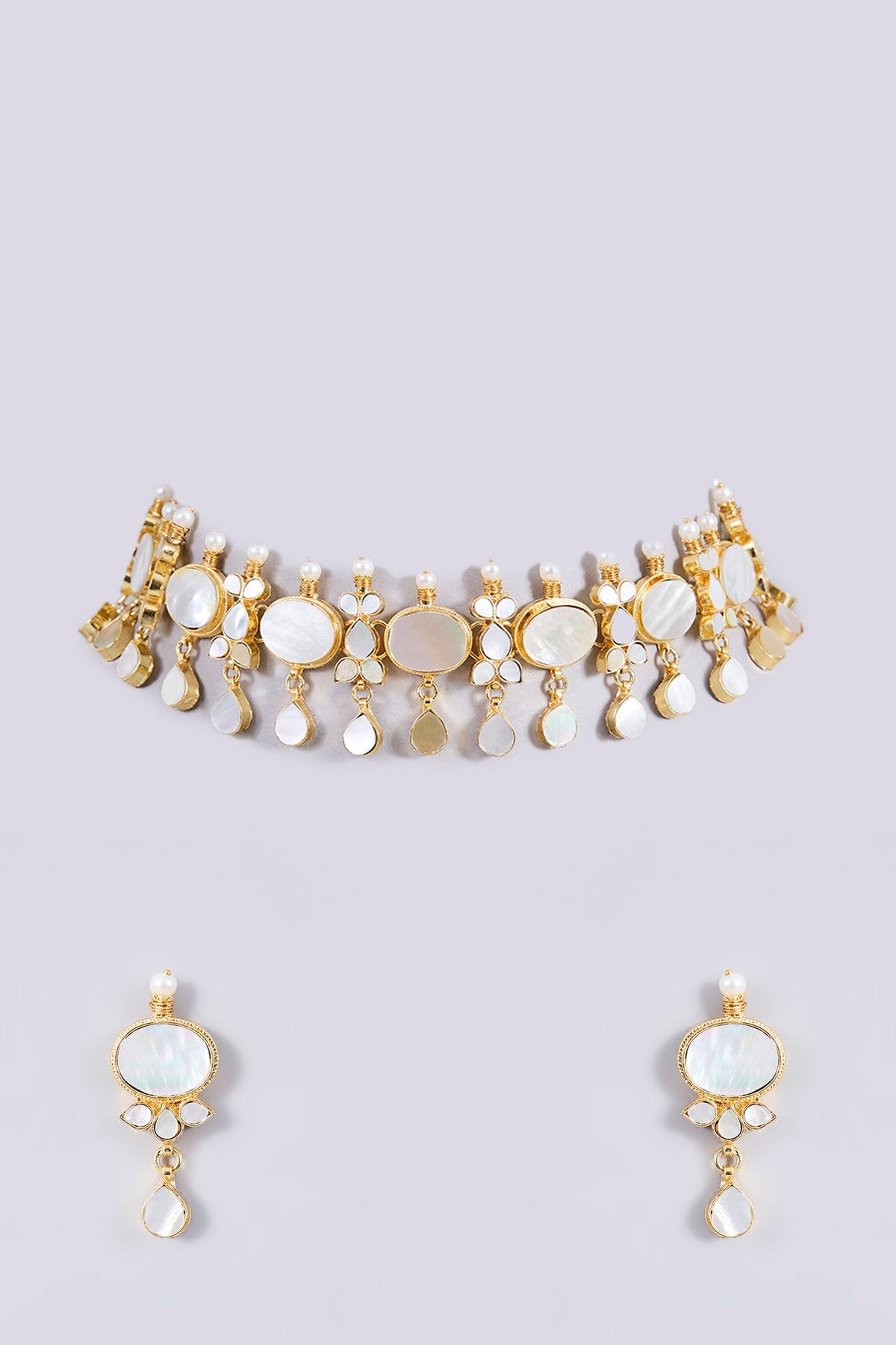 Gold Plated Mother Of Pearl & Semi-precious Stone Choker Necklace Set