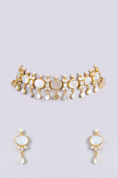 Gold Plated Mother Of Pearl & Semi-precious Stone Choker Necklace Set