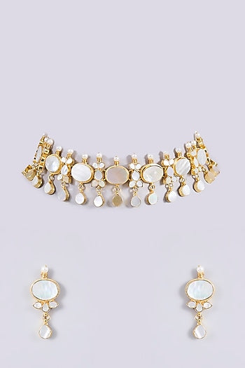 Gold Plated Mother Of Pearl & Semi-precious Stone Choker Necklace Set