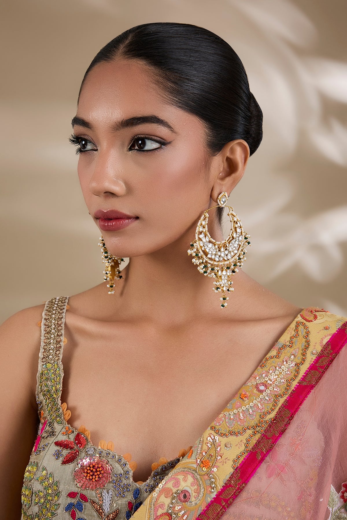 Gold Plated Kundan Polki & Semi-Precious Stone Jadau Chandbali Earrings