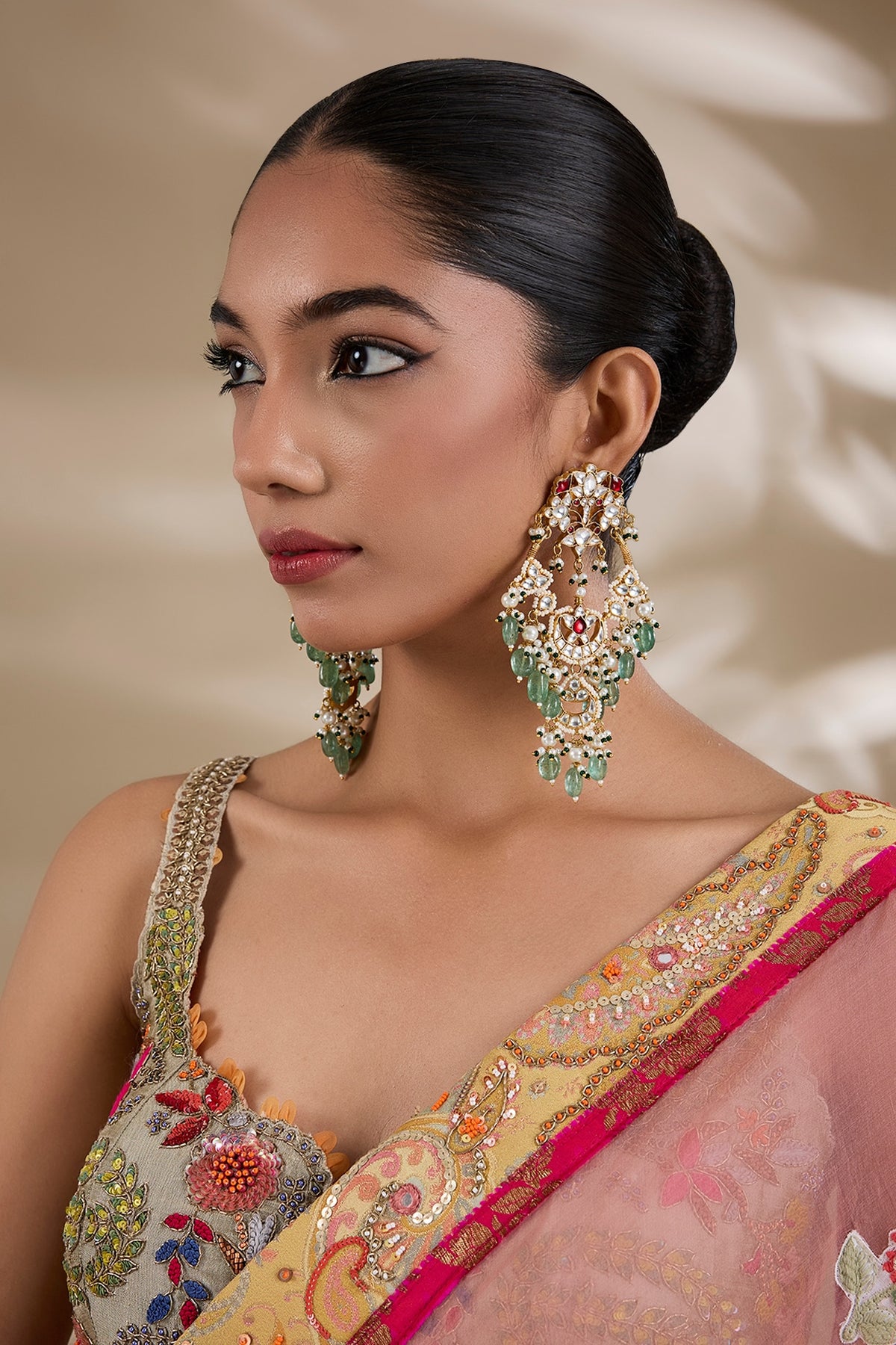 Gold Plated Kundan Polki & Semi-Precious Stone Jadau Chandbali Earrings
