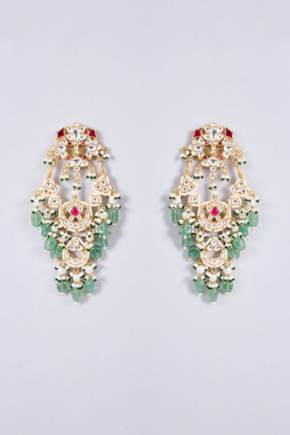 Gold Plated Kundan Polki & Semi-Precious Stone Jadau Chandbali Earrings