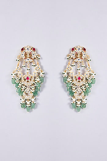 Gold Plated Kundan Polki & Semi-Precious Stone Jadau Chandbali Earrings