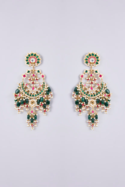 Gold Plated Kundan Polki & Semi-Precious Stone Jadau Chandbali Earrings