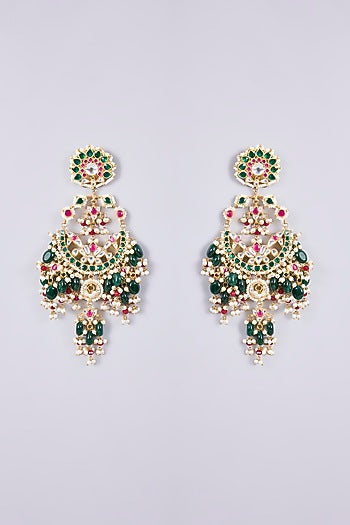 Gold Plated Kundan Polki & Semi-Precious Stone Jadau Chandbali Earrings