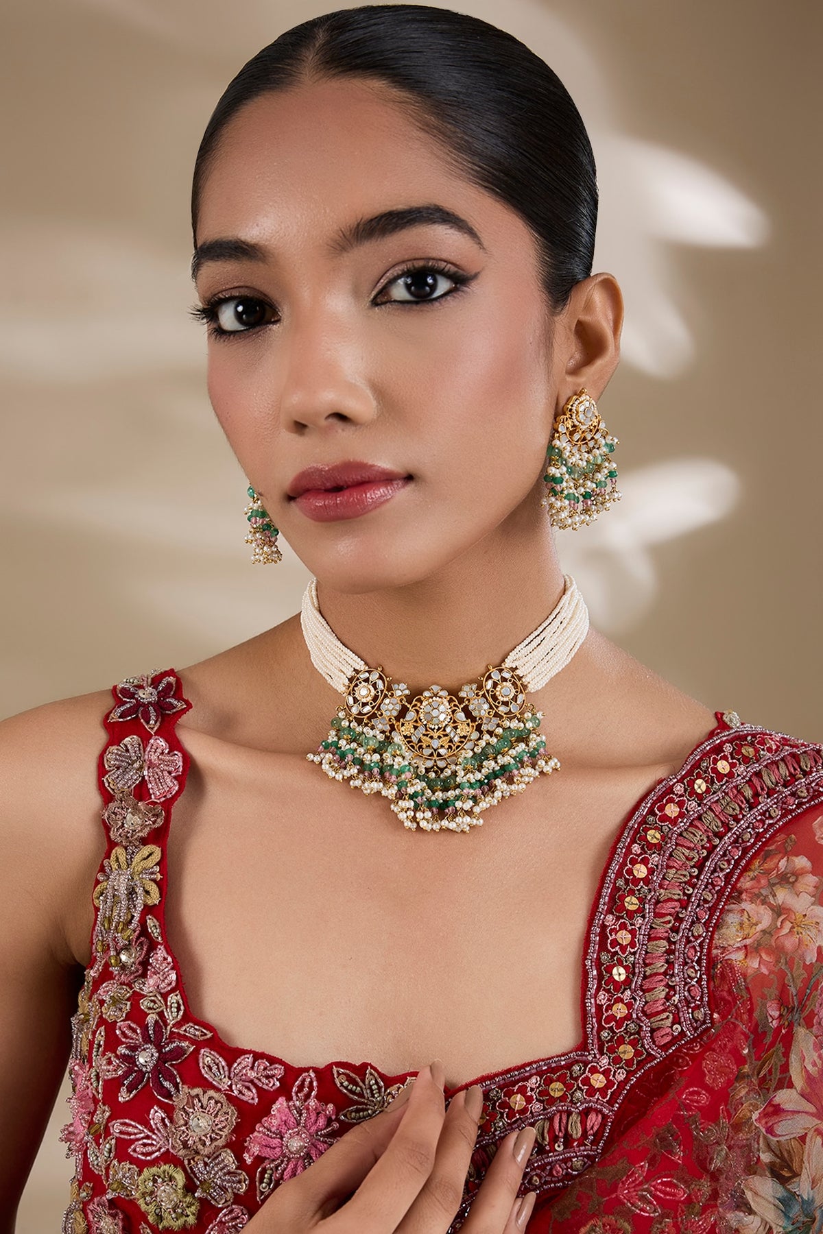 Gold Plated Mother Of Pearl & Semi-precious Stone Choker Necklace Set