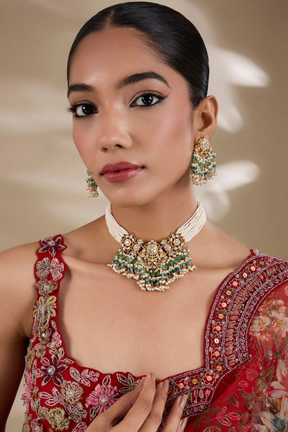 Gold Plated Mother Of Pearl & Semi-precious Stone Choker Necklace Set