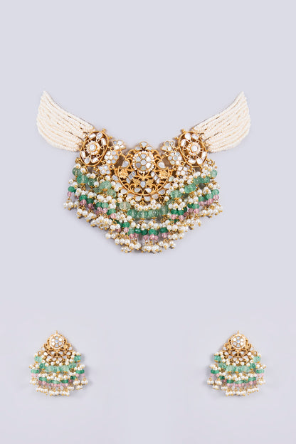 Gold Plated Mother Of Pearl & Semi-precious Stone Choker Necklace Set