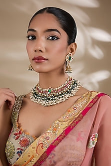 Gold Plated Kundan Polki & Semi-precious Stone Jadau Necklace Set