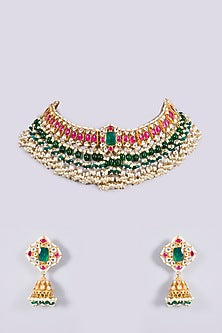 Gold Plated Kundan Polki & Semi-precious Stone Jadau Necklace Set