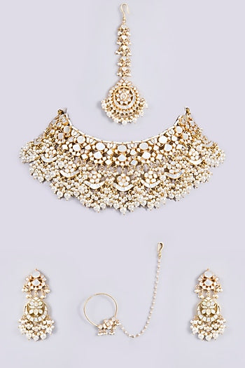 Gold Plated Mother Of Pearl & Semi-precious Stone Choker Necklace Set