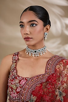 White Finish Zircon & Green Stone Choker Necklace Set