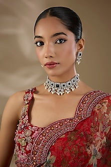 White Finish Zircon & Blue Stone Choker Necklace Set