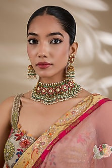 Gold Plated Kundan Polki & Semi-precious Stone Jadau Choker Necklace Set