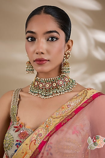 Gold Plated Kundan Polki & Semi-precious Stone Jadau Choker Necklace Set