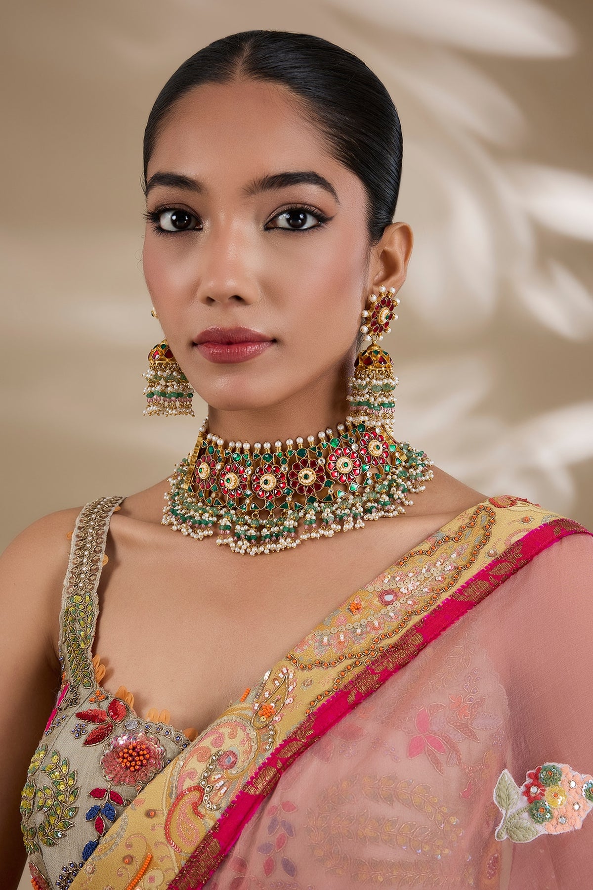 Gold Plated Kundan Polki & Semi-precious Stone Jadau Choker Necklace Set