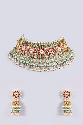 Gold Plated Kundan Polki & Semi-precious Stone Jadau Choker Necklace Set
