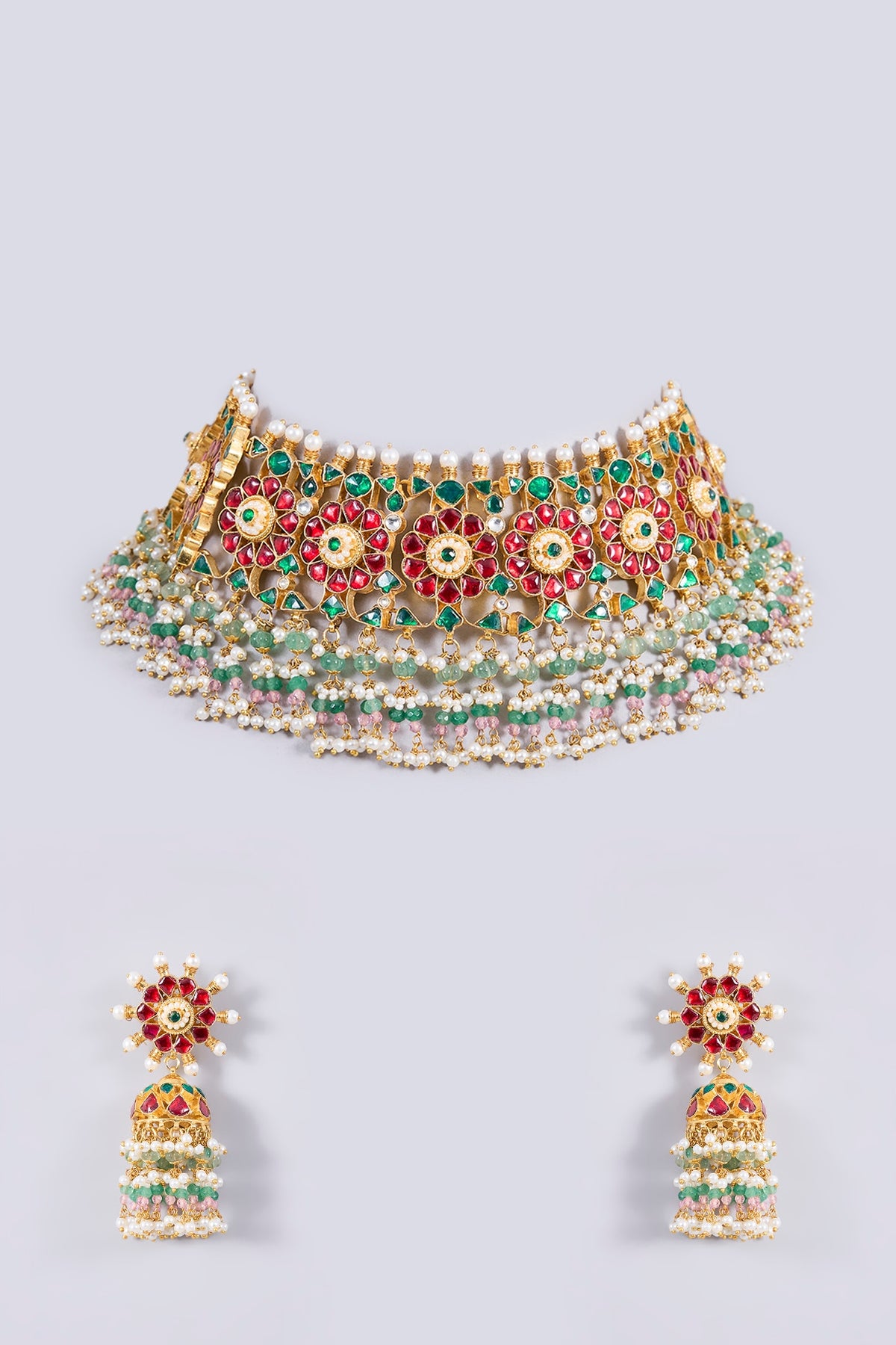 Gold Plated Kundan Polki & Semi-precious Stone Jadau Choker Necklace Set