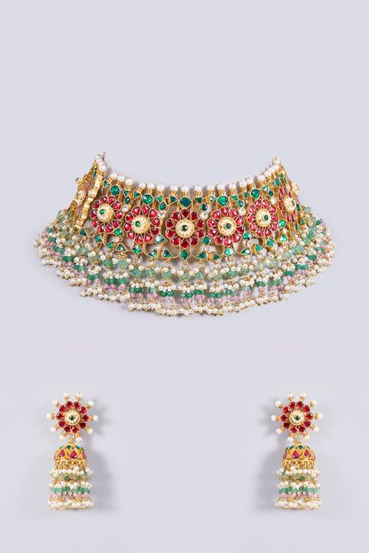 Gold Plated Kundan Polki & Semi-precious Stone Jadau Choker Necklace Set
