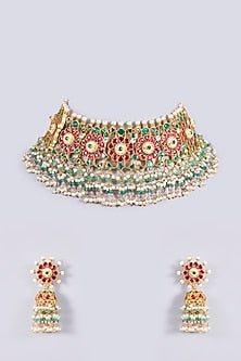 Gold Plated Kundan Polki & Semi-precious Stone Jadau Choker Necklace Set
