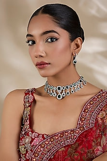 White Finish Zircon & Green Stone Choker Necklace Set