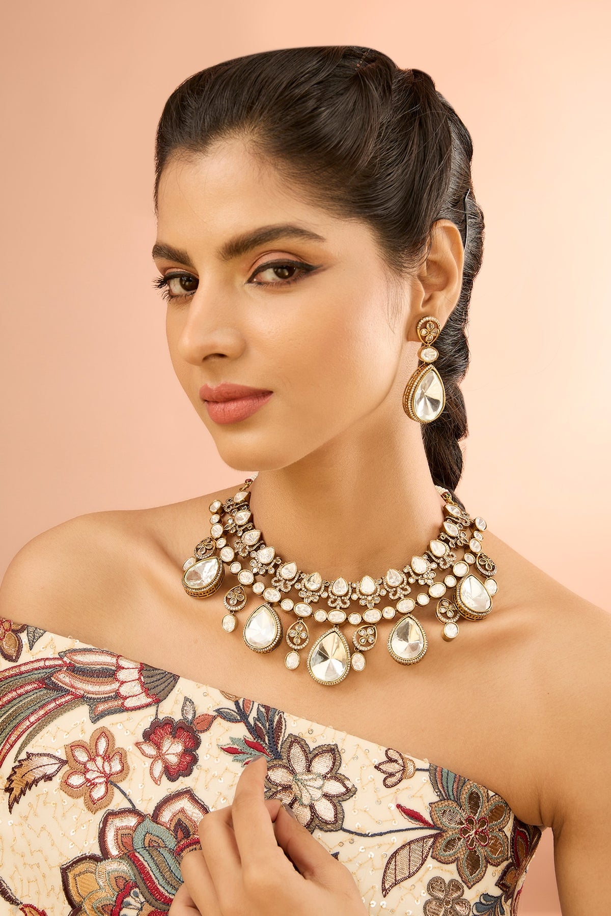Gold Plated Jadau Faux Polki & Natural Gemstone Necklace Set