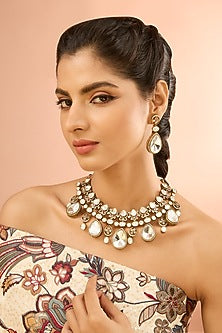 Gold Plated Jadau Faux Polki & Natural Gemstone Necklace Set