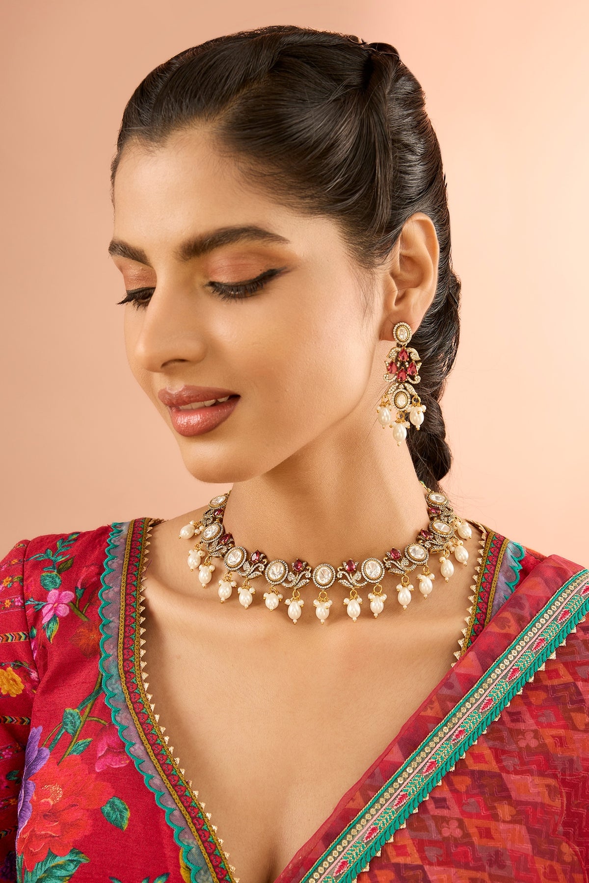 Gold Plated Jadau Faux Polki Necklace Set