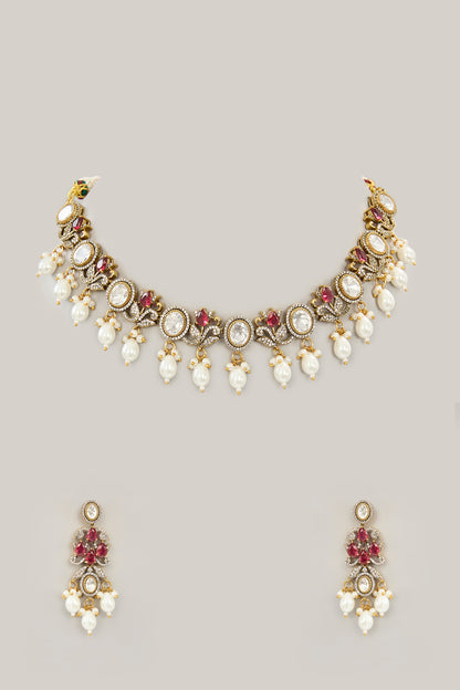 Gold Plated Jadau Faux Polki Necklace Set