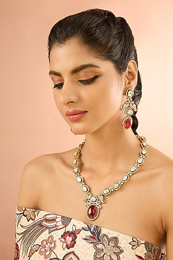 Gold Plated Jadau Faux Polki Long Necklace Set
