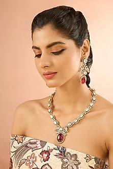 Gold Plated Jadau Faux Polki Long Necklace Set
