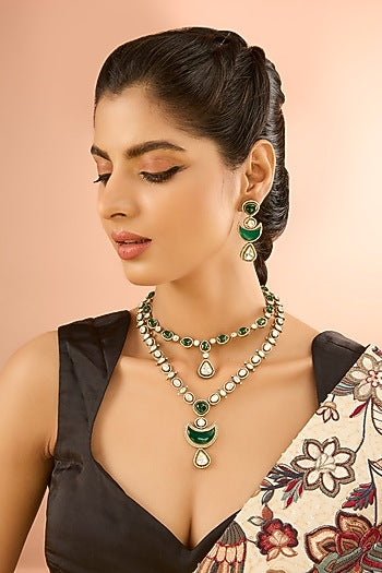 Gold Plated Jadau Faux Polki Layered Pendant Necklace Set