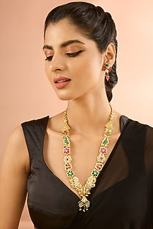 Gold Plated Jadau Kundan Polki Long Necklace Set