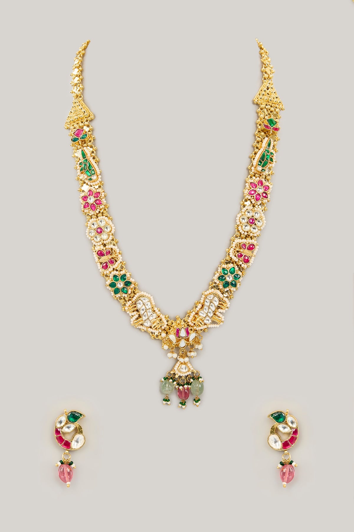 Gold Plated Jadau Kundan Polki Long Necklace Set