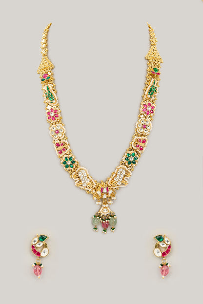 Gold Plated Jadau Kundan Polki Long Necklace Set