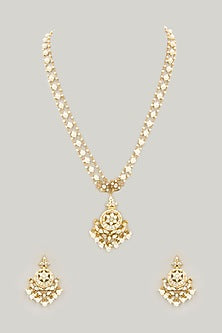Gold Plated Mother Of Pearl Long Pendant Necklace Set