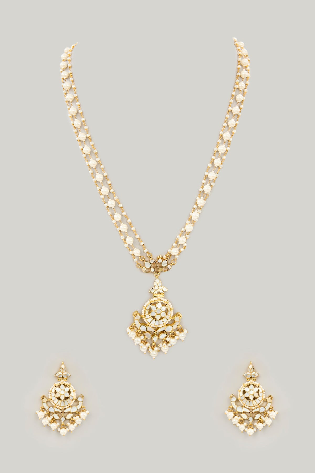 Gold Plated Mother Of Pearl Long Pendant Necklace Set